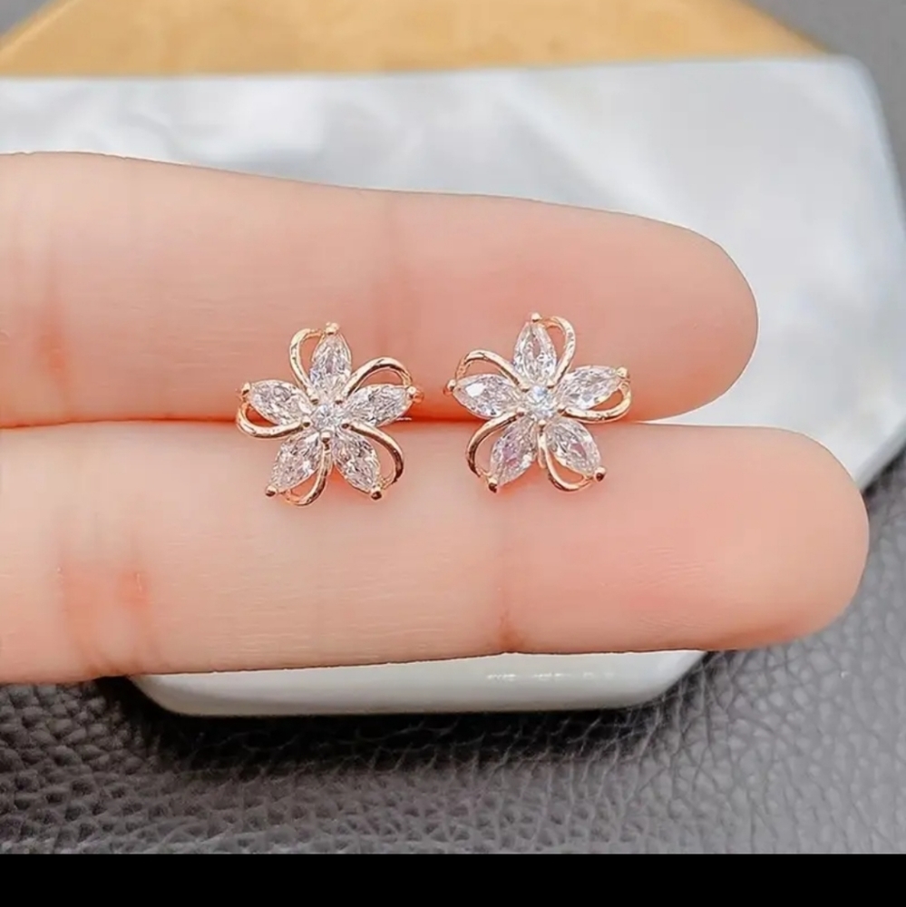 Elegant CZ and Rose Gold Flower Earrings